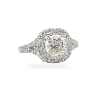 Cushion double halo with split pavé shank moissanite ring in sterling silver
