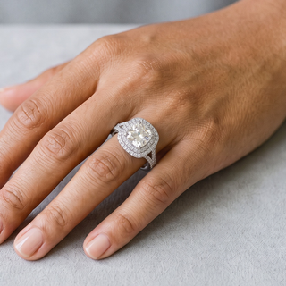 Cushion Double Halo with Split Pavé Shank Moissanite Ring in sterling silver, worn on hand