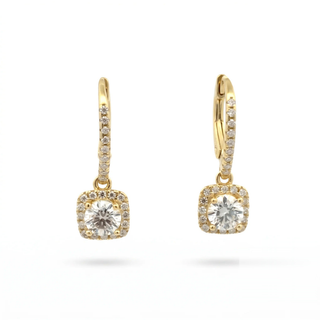 Cushion halo leverback drop moissanite earrings in yellow gold vermeil over sterling silver