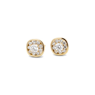 Cushion halo moissanite stud earrings in yellow gold vermeil over sterling silver