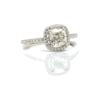 Cushion halo on pavé band moissanite ring in sterling silver