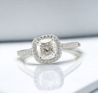Cushion halo on pavé band moissanite ring in sterling silver, view 2