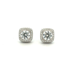 Cushion halo round moissanite stud earrings in sterling silver