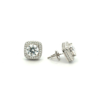 Cushion halo round moissanite stud earrings in sterling silver, view 2