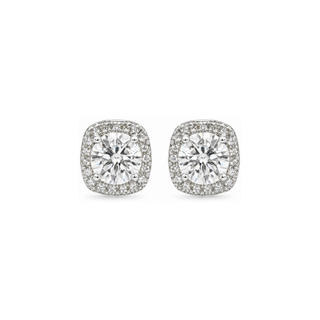 Cushion Halo Round Solitaire Moissanite Stud Earrings in sterling silver