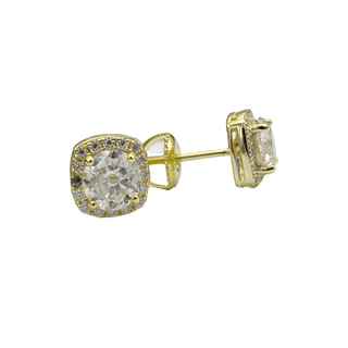 Cushion Halo Round Solitaire Moissanite Stud Earrings in yellow gold vermeil