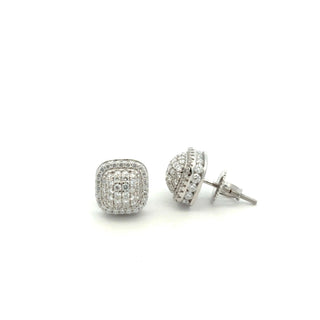 Cushion pavé cluster halo moissanite stud earrings in sterling silver, view 2