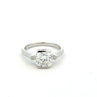Cushion solitaire with bezel shoulder accents moissanite ring in sterling silver
