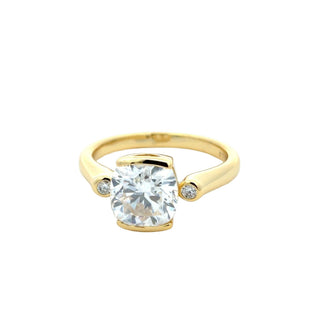 Cushion solitaire with bezel shoulder accents moissanite ring in yellow gold vermeil over sterling silver