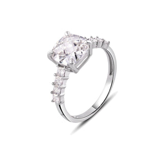 Cushion Solitaire with Princess-Cut Side Stones Moissanite Ring in sterling silver