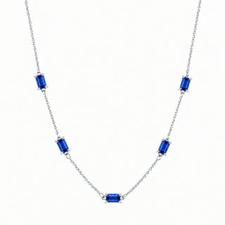 Dainty Baguette Station Moissanite Necklace in sterling silver, blue stones, view 2