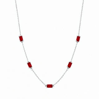 Dainty Baguette Station Moissanite Necklace in sterling silver, red stones