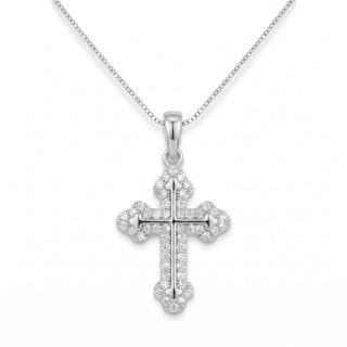 Dainty Double-Set Gothic Cross Moissanite Pendant in Sterling Silver on chain