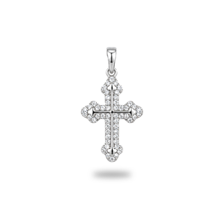 Dainty Double-Set Gothic Cross Moissanite Pendant in sterling silver, view 1