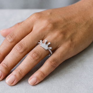 Dainty Pavé Crown on Thin Band Moissanite Ring in sterling silver, worn on hand