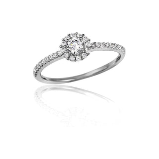 Dainty Round Flower Halo on Thin Pavé Band Moissanite Ring in sterling silver