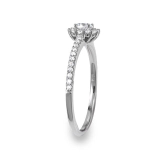 Dainty Round Flower Halo on Thin Pavé Band Moissanite Ring in sterling silver, view 2