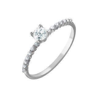 Dainty Round Solitaire with Prong-Set Accent Band Moissanite Ring in sterling silver