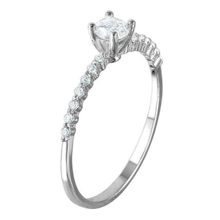 Dainty Round Solitaire with Prong-Set Accent Band Moissanite Ring in sterling silver, view 2