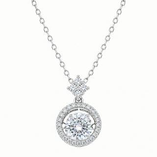 Dancing Stone Round Halo Moissanite Necklace in sterling silver