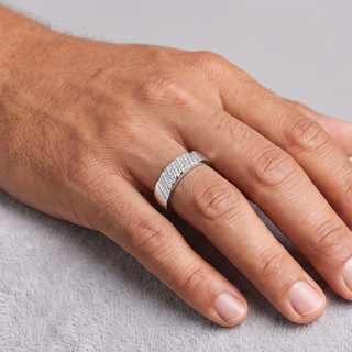 Diagonal Pavé Stripe Wedding Band Moissanite Ring in sterling silver, worn on hand