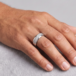 Diagonal Wave Pavé Wedding Band Moissanite Ring in sterling silver, worn on hand