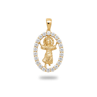 Divine Mercy oval medal moissanite pendant in yellow gold vermeil, front view on a white background