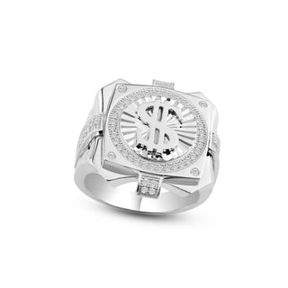Dollar Sign Medallion on Square Bolted Top Moissanite Ring in sterling silver