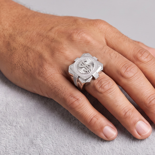 Dollar Sign Medallion on Square Bolted Top Moissanite Ring in sterling silver, worn on hand