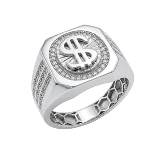 Dollar Sign Octagon Signet with Pavé Shoulders Moissanite Ring in sterling silver