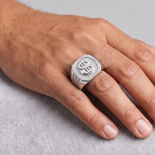 Dollar Sign Octagon Signet with Pavé Shoulders Moissanite Ring in sterling silver, worn on hand