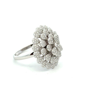 Domed layered pavé flower cocktail moissanite ring in sterling silver