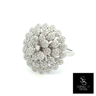 Domed layered pavé flower cocktail moissanite ring in sterling silver, view 3
