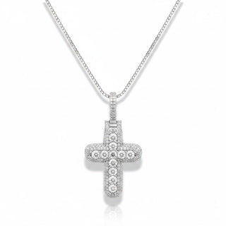 Domed Micro-Pavé Cross with Large Round Center Row Moissanite Pendant in sterling silver on a chain