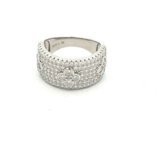 Domed pavé cigar band with scattered round stones moissanite ring in sterling silver