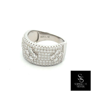 Domed pavé cigar band with scattered round stones moissanite ring in sterling silver, view 3