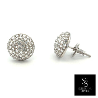Domed round pavé moissanite stud earrings in sterling silver, view 2