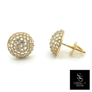 Domed round pavé moissanite stud earrings in yellow gold vermeil over sterling silver, view 2