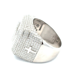 Domed square iced signet with cross details moissanite ring in sterling silver