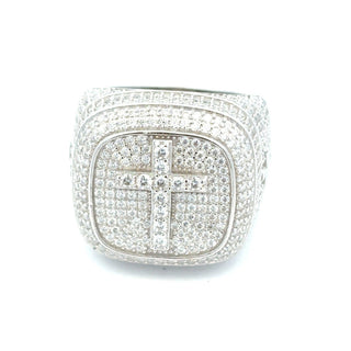 Domed square iced signet with cross details moissanite ring in sterling silver, view 2