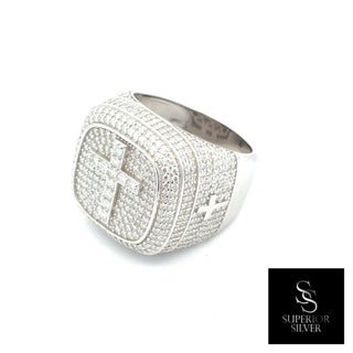 Domed square iced signet with cross details moissanite ring in sterling silver, view 3