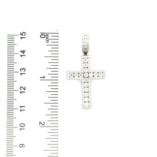 Double-Border Pavé Cross with Prong-Set Center Row Moissanite Pendant in Sterling Silver, size comparison with a ruler