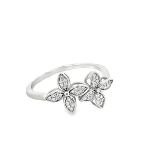 Double five-petal flower bypass moissanite ring in sterling silver