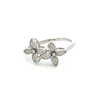 Double five-petal flower bypass moissanite ring in sterling silver, view 2