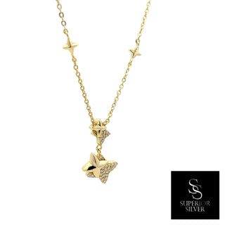 Double four-point star drop moissanite necklace in yellow gold vermeil over sterling silver