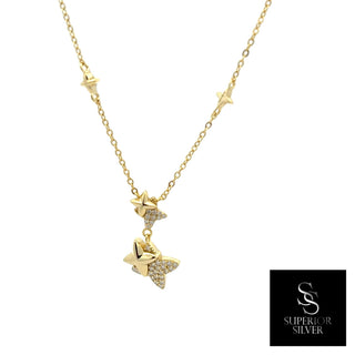 Double four-point star drop moissanite necklace in yellow gold vermeil over sterling silver, view 2