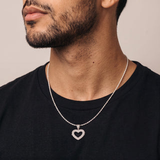 Double Halo Pavé Heart Locket Moissanite Pendant in sterling silver, worn on model