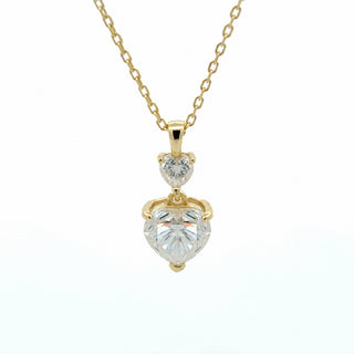 Double heart drop moissanite necklace in yellow gold vermeil over sterling silver, view 2