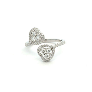 Double heart open bypass moissanite ring in sterling silver