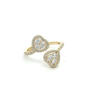 Double heart open bypass moissanite ring in yellow gold vermeil over sterling silver